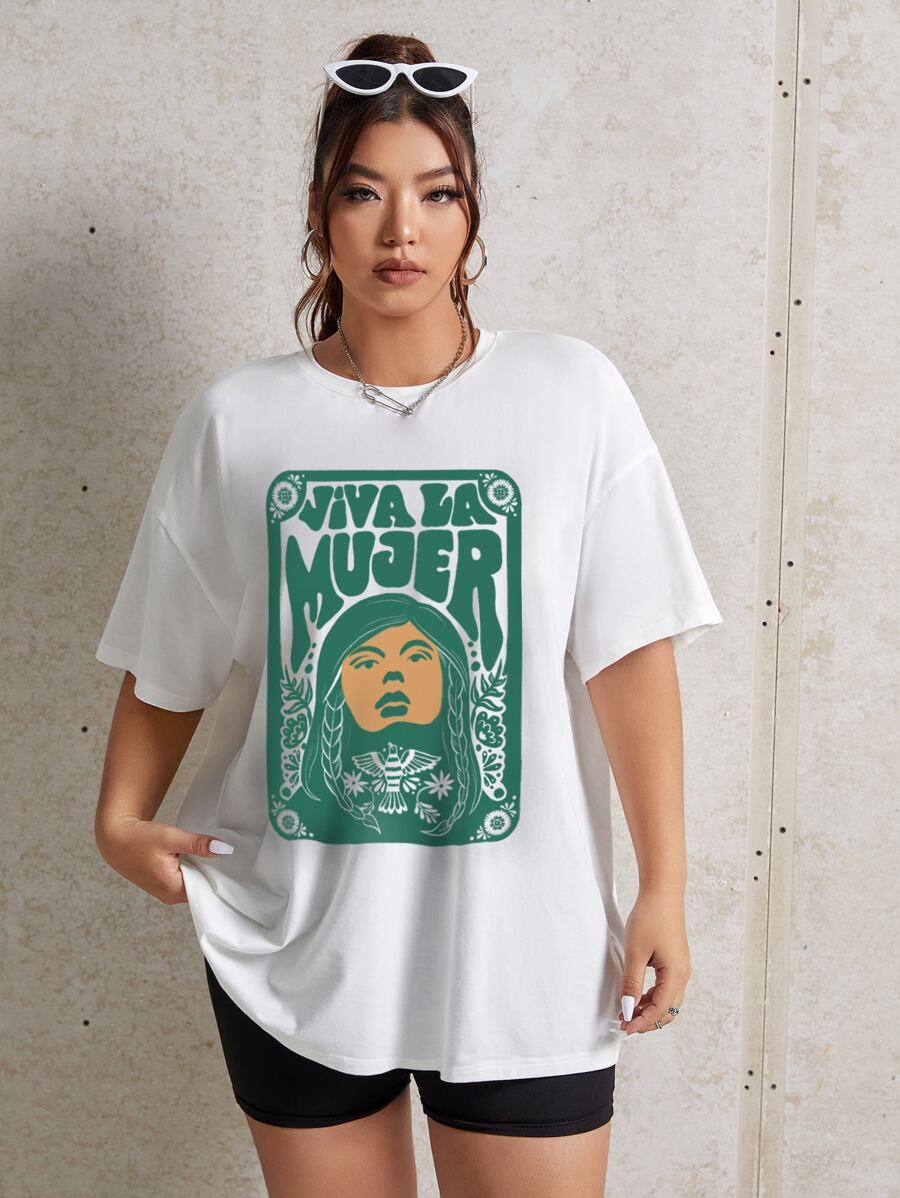 Mocosa Camiseta oversize de mujer con gráfico de figura artística y letras, ideal para el verano y vacaciones - Blanco - Ver 1