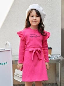 SHEIN Toddler Girls Letter Graphic Ruffle Trim Belted Dress - Hot Pink - View 4