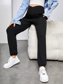 SHEIN Maternity High Waist Slant Pocket Pants - Black - View 1