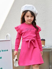 SHEIN Toddler Girls Letter Graphic Ruffle Trim Belted Dress - Hot Pink - View 3