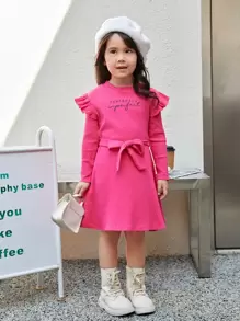 SHEIN Toddler Girls Letter Graphic Ruffle Trim Belted Dress - Hot Pink - View 1