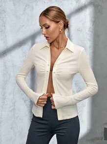 SHEIN ICON Solid Pearls Detail Bell Sleeve Top - Beige - View 5