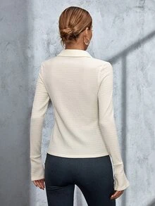 SHEIN ICON Solid Pearls Detail Bell Sleeve Top - Beige - View 3