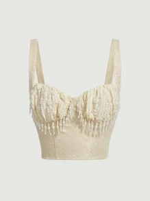 SHEIN MOD 流蘇邊吊帶短上衣 - 米色 - 查看 2