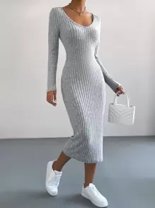 SHEIN Essnce Ribbed Knit Bodycon Dress - Light Grey - View 1