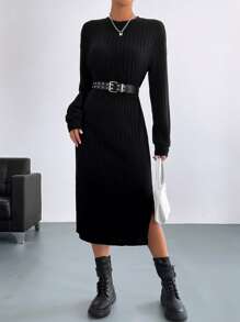 SHEIN Essnce 素色下擺開叉T恤洋裝不附腰帶 - 黑色 - 查看 1