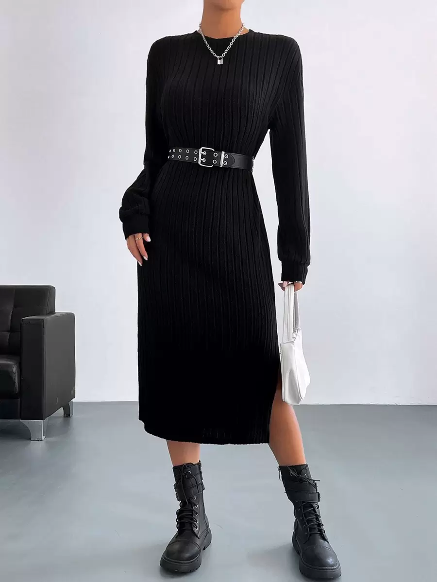 SHEIN Essnce 素色下擺開叉T恤洋裝不附腰帶 - 黑色 - 查看 1