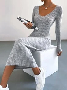 SHEIN Essnce Ribbed Knit Bodycon Dress - Light Grey - View 3