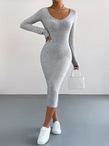 SHEIN Essnce Ribbed Knit Bodycon Dress - Light Grey - View 4