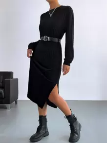 SHEIN Essnce 素色下擺開叉T恤洋裝不附腰帶 - 黑色 - 查看 5