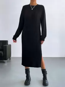 SHEIN Essnce 素色下擺開叉T恤洋裝不附腰帶 - 黑色 - 查看 7