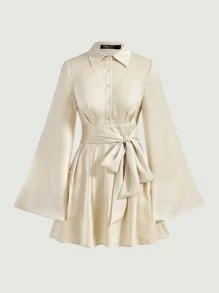 SHEIN MOD Trumpet Sleeve Bow Front Ruffle Hem Shirt Dress - Beige - View 2