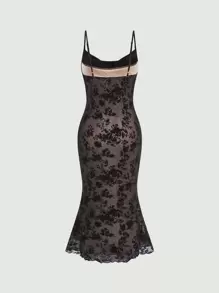 SHEIN MOD 花卉圖案網紗魚尾裙下擺吊帶洋裝 - 黑色 - 查看 7