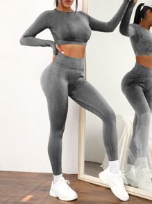 Yoga Basic 2pcs Seamless High Stretch Yoga Set Tracksuit Gym Set Raglan Sleeve Top Tummy Control Sports Leggings - Dark Grey - View 3