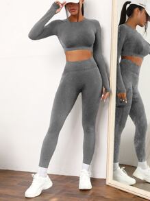 Yoga Basic 2pcs Seamless High Stretch Yoga Set Tracksuit Gym Set Raglan Sleeve Top Tummy Control Sports Leggings - Dark Grey - View 4