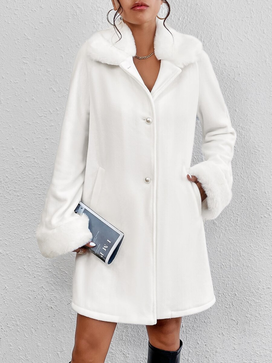 SHEIN BAE Abrigo cuello de borreguito con bolsillos oblicuos - Blanco - Ver 1