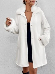 SHEIN BAE Abrigo cuello de borreguito con bolsillos oblicuos - Blanco - Ver 3