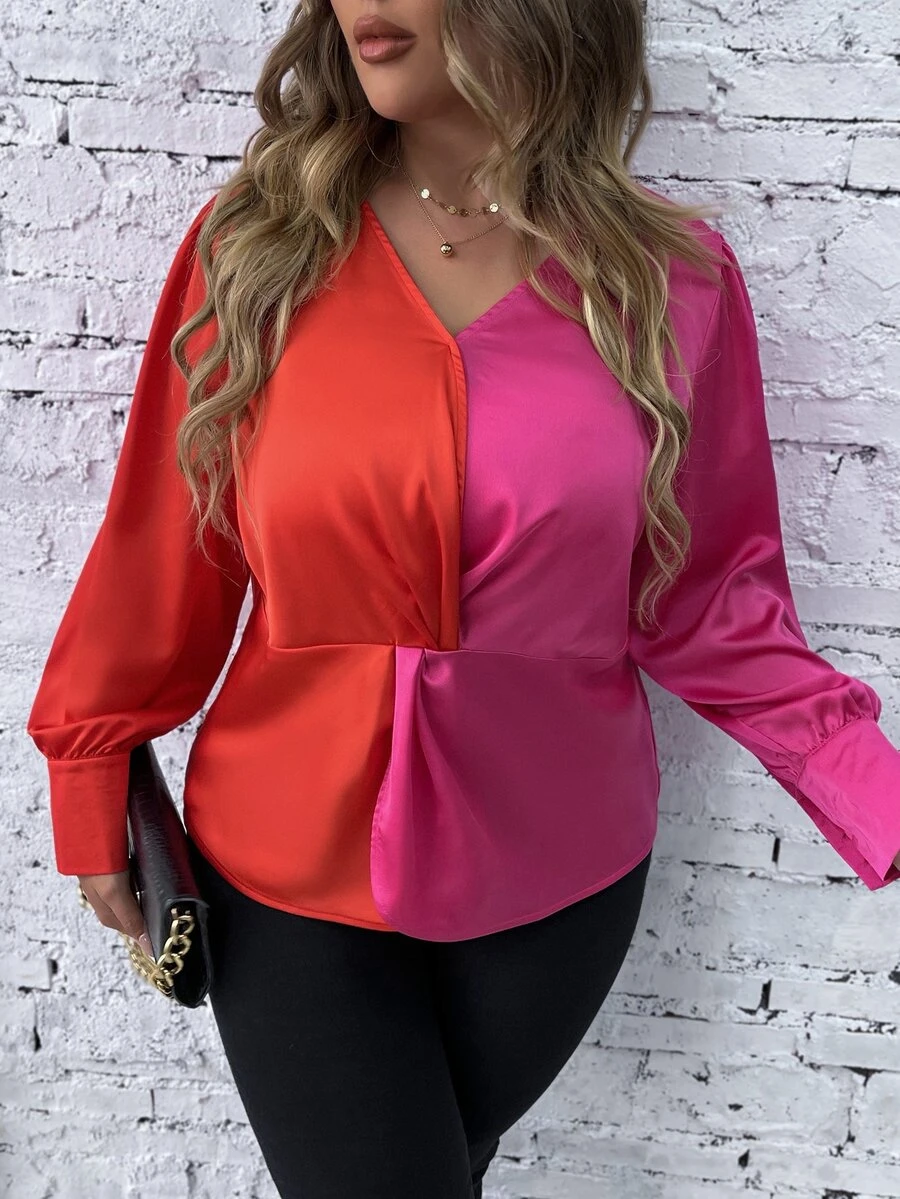 SHEIN LUNE Plus Two Tone Twist Front Blouse - Multicolor - View 1