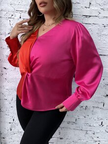 SHEIN LUNE Plus Two Tone Twist Front Blouse - Multicolor - View 4