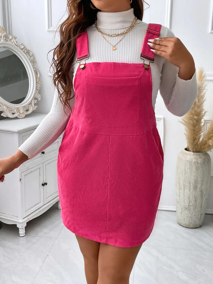 Plus Patched Pocket Pinafore Dress Without Tee - Hot Pink - View 1