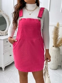 Plus Patched Pocket Pinafore Dress Without Tee - Hot Pink - View 5
