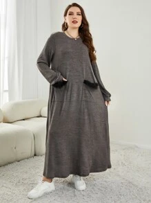 Mulvari Plus Fuzzy Trim Pocket Patched Tee Dress - Dark Grey - View 4