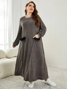 Mulvari Plus Fuzzy Trim Pocket Patched Tee Dress - Dark Grey - View 1