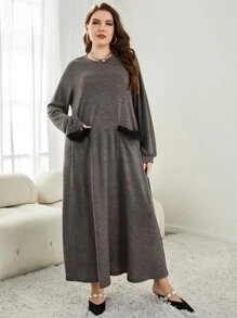 Mulvari Plus Fuzzy Trim Pocket Patched Tee Dress - Dark Grey - View 6