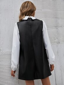 SHEIN Clasi Contrast Collar Lantern Sleeve PU Leather Dress - Black - View 2