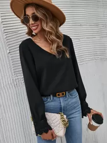 SHEIN Frenchy Scallop Trim Button Back Blouse - Black - View 2