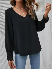 SHEIN Frenchy Scallop Trim Button Back Blouse - Black - View 3