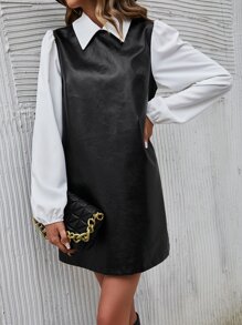 SHEIN Clasi Contrast Collar Lantern Sleeve PU Leather Dress - Black - View 5