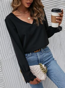 SHEIN Frenchy Scallop Trim Button Back Blouse - Black - View 6