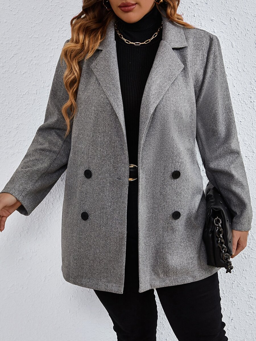 SHEIN LUNE Plus Lapel Neck Double Breasted Overcoat - Dark Grey - View 1