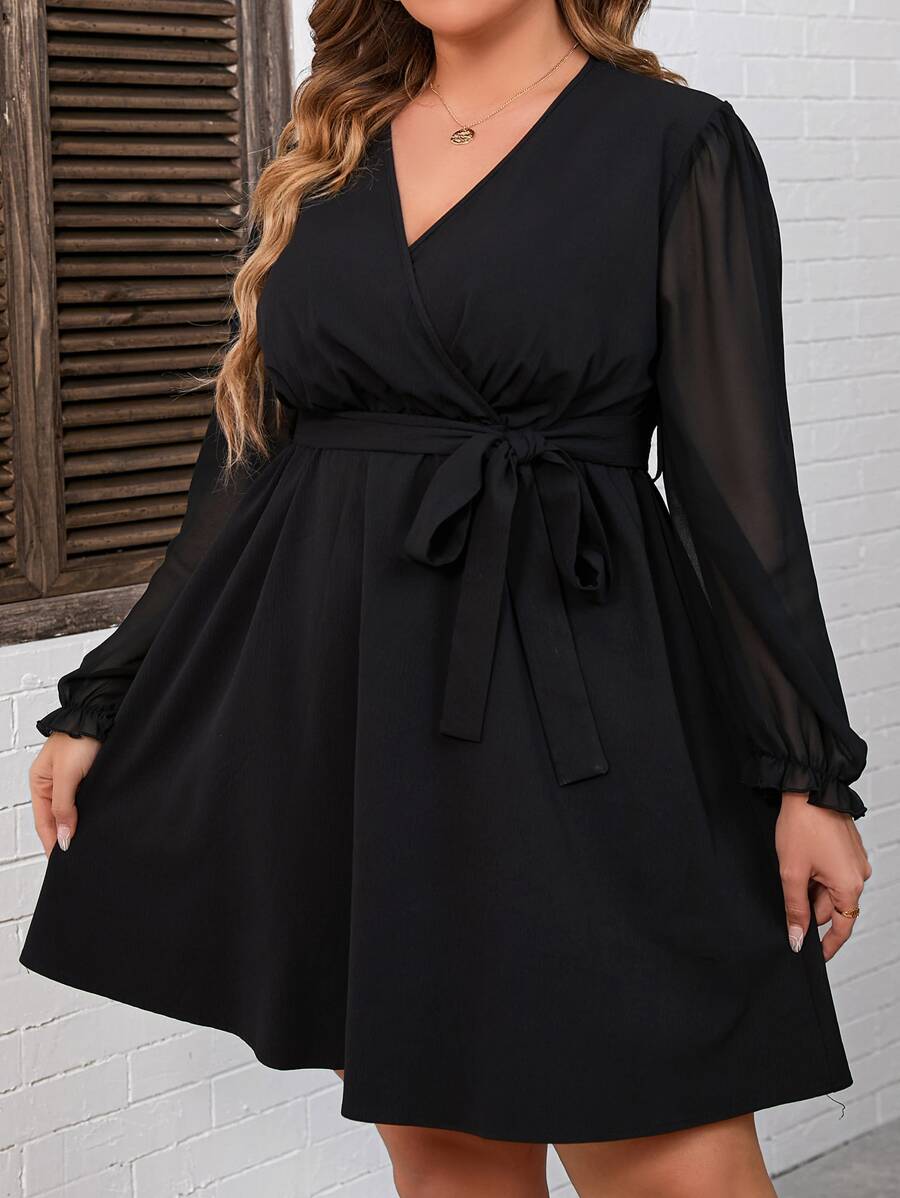 SHEIN Clasi Plus Surplice Neck Flounce Sleeve Belted Dress - Black - View 1