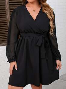 SHEIN Clasi Plus Surplice Neck Flounce Sleeve Belted Dress - Black - View 5
