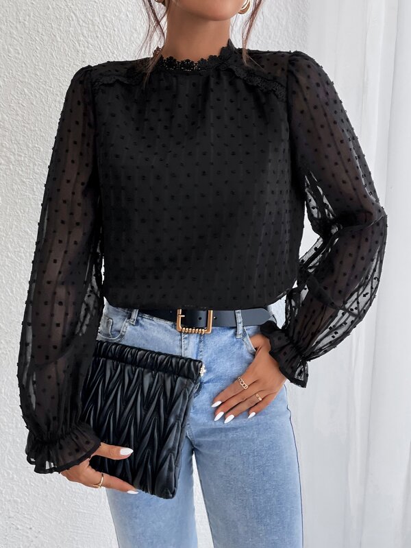 SHEIN Frenchy Swiss Dot Flounce Sleeve Lace Patchwork Fabric Patched Blouse,Long Sleeve Tops Elegant Black Summer Black