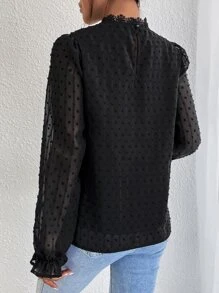 SHEIN Frenchy Swiss Dot Flounce Sleeve Lace Patchwork Fabric Patched Blouse,Long Sleeve Tops Elegant Black Summer Black - Black - View 2