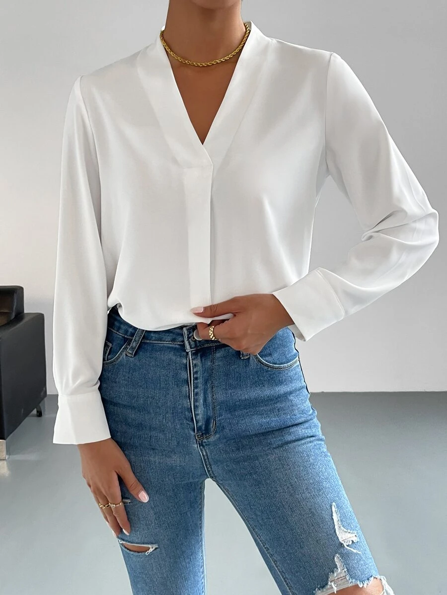 SHEIN Essnce Solid V Neck Blouse - White - View 1