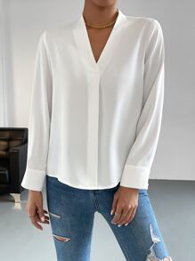 SHEIN Essnce Solid V Neck Blouse - White - View 3
