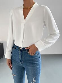 SHEIN Essnce Solid V Neck Blouse - White - View 4