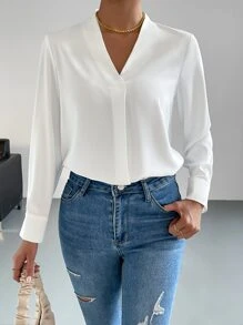 SHEIN Essnce Solid V Neck Blouse - White - View 5