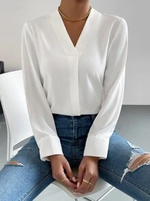 SHEIN Essnce Solid V Neck Blouse - White - View 6