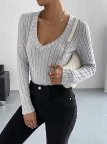 Muchica 夏裝 V 領羅紋針織 T 卹