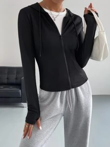 Muchica Zip Up Drawstring Hooded Jacket - Black - View 1