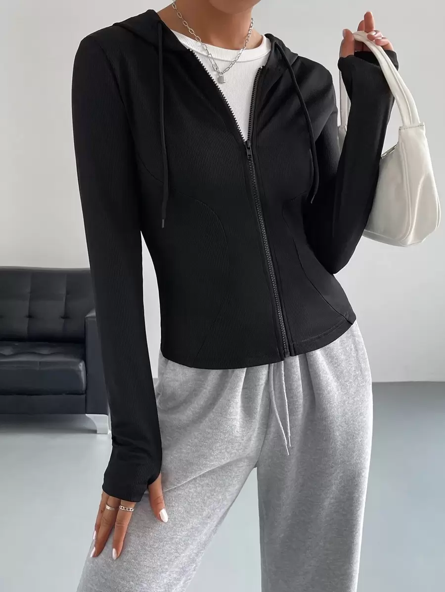 Muchica Zip Up Drawstring Hooded Jacket - Black - View 1