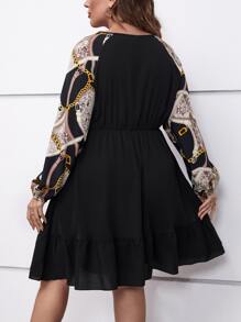 SHEIN LUNE 大碼錬條圖案鎖眼領荷葉邊洋裝 - 黑色 - 查看 2