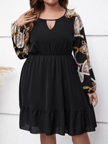 SHEIN LUNE 大碼錬條圖案鎖眼領荷葉邊洋裝 - 黑色 - 查看 4