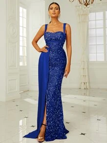 Missord Contrast Sequins Draped Side Split Thigh Cami Dress - Royal Blue - View 1
