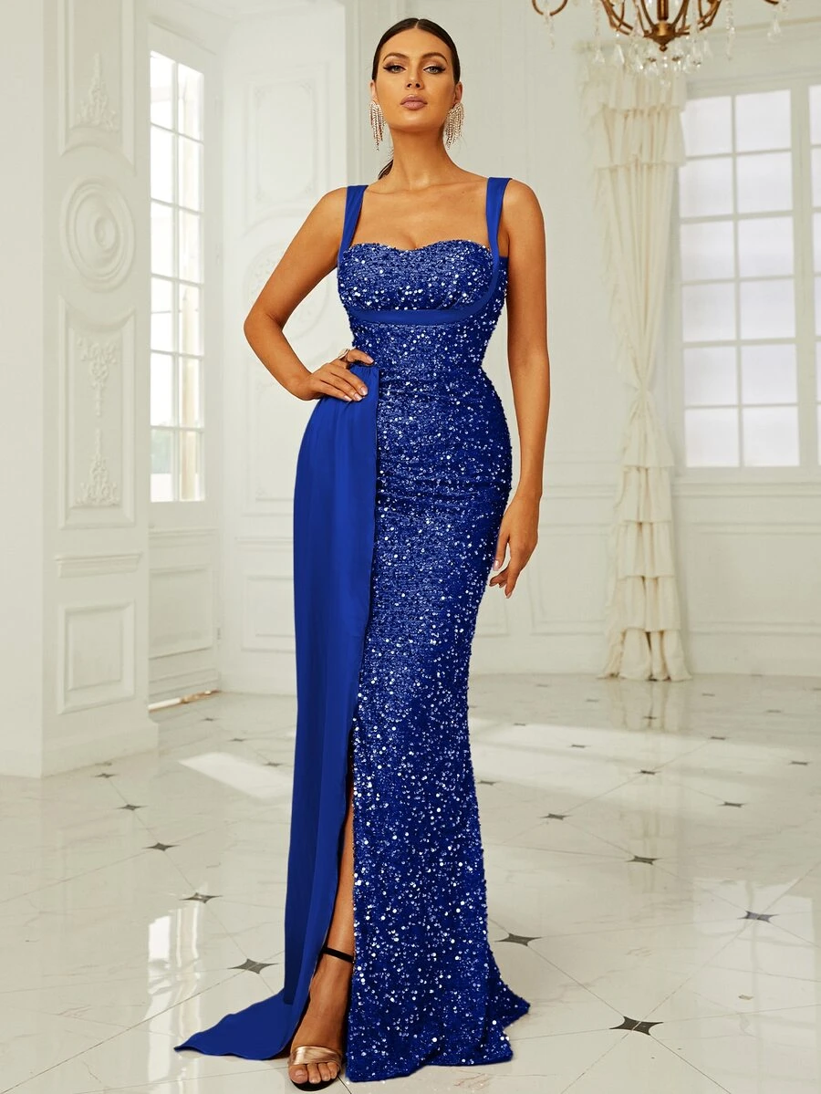 Missord Contrast Sequins Draped Side Split Thigh Cami Dress - Royal Blue - View 1